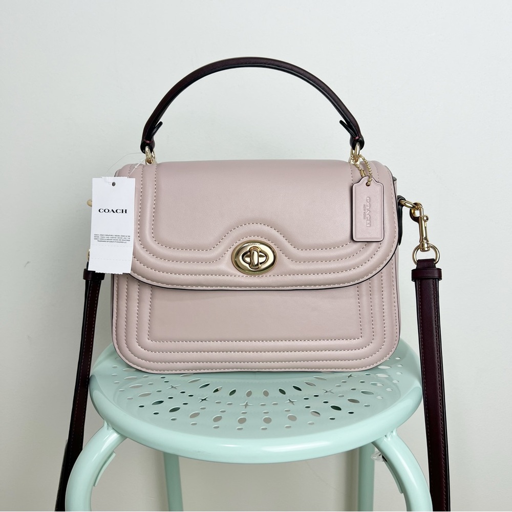 Coach Marlie Top Handle Satchel In Colorblock w/ Border Quilting Leather Tan New - Picture 9 of 15